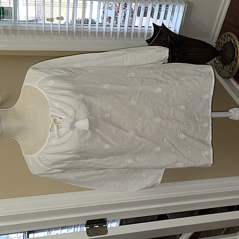 J. JILL 100% cotton white pineapple embroidery top tassel tie neck long M New …